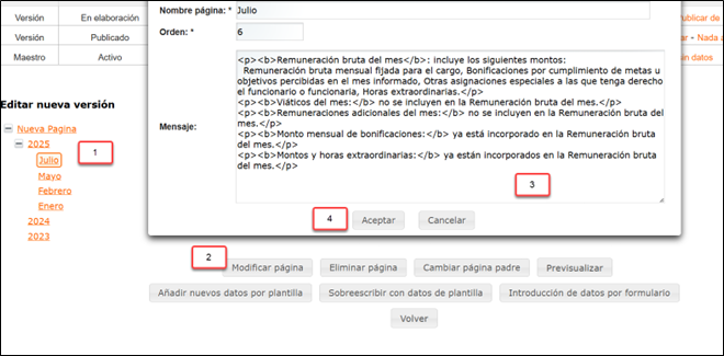 Pantalla para modificar página del mes